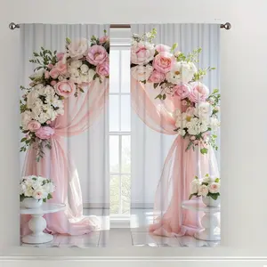 2 Piece Floral Cotton Arch Print Curtains, Fashionable Rod Pocket Window Drapes for Bedroom and Living Room, Sheer Printed Curtains, Easy Installation