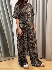 Women's Fashion Leopard Print Sleepwear Pajama Set Loungewear, Short Sleeve Round Neck Loose Top & Elastic Comfort Wide Leg Pants, Casual Home Wear