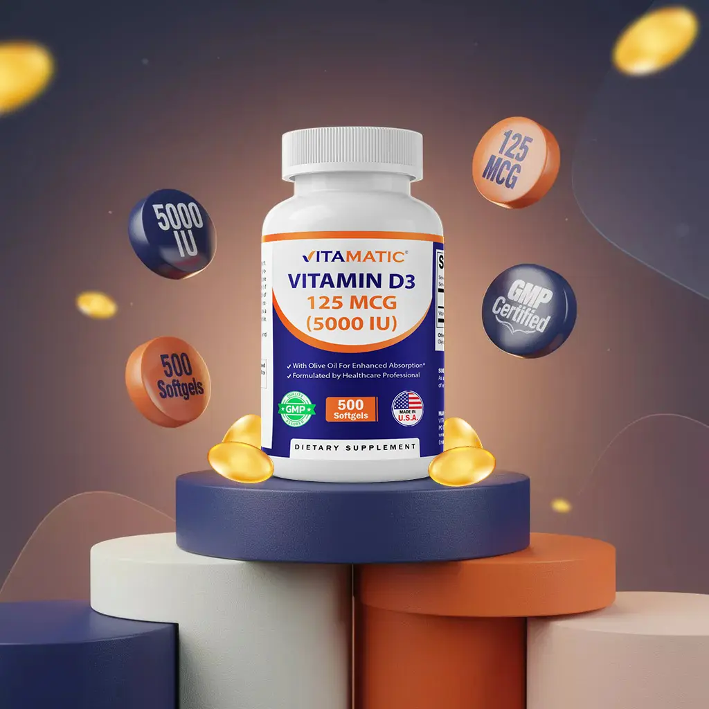 Vitamatic D3 Vitamins Supplements 5000 IU (125 mcg) Olive Oil-Based Dietary Supplement, 500 Softgels, Non-GMO, Gluten-Free, Clean Label, Long Use for Immune Support, Bone Health