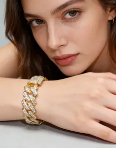 Iced Out Cuban Link Bracelet Titanium Steel 18K Gold Plated Waterproof No Fade Hypoallergenic with Sparkling Zircon Crystals Secure Clasp Design
