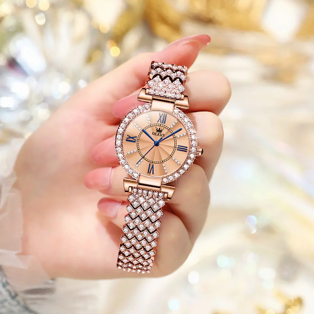 OLEVS Ladies' Watch with Gemstone Inlay, Ancient Roman Dial, 3ATM Water Resistance. Fashionable Quartz Timepiece for Women. Valentine's Day Gift for Your Beloved. 9942