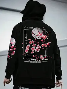 Men's Japanese Sakura Flower & Moon Print Fitted Hoodie, Streetwear Preppy Stylish Long Sleeve Top for Winter