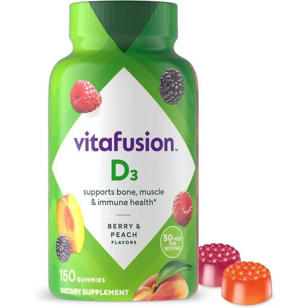 vitafusion Vitamin D3 Gummies, Bone and Immune Support, Peach, Blackberry, Strawberry Flavored, 50 mcg D3 Gummy Vitamin Supplement, 75 Day Supply, 150 Count