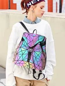 Holographic Luminous Women's, Geometric Drawstring College Bookbag, Large Capacity Travel Shoulder Bag, Trendy Backpack