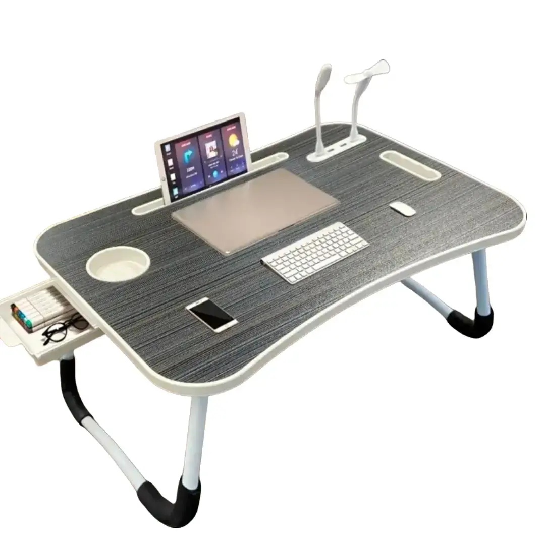Foldable Lap Desk Bed Tray for Eating - 6-in-1 Computer Accessory with USB Charging Port, Mini Fan, Lamp, Book Holder, Cup Holder & Drawer for Sofa, Floor