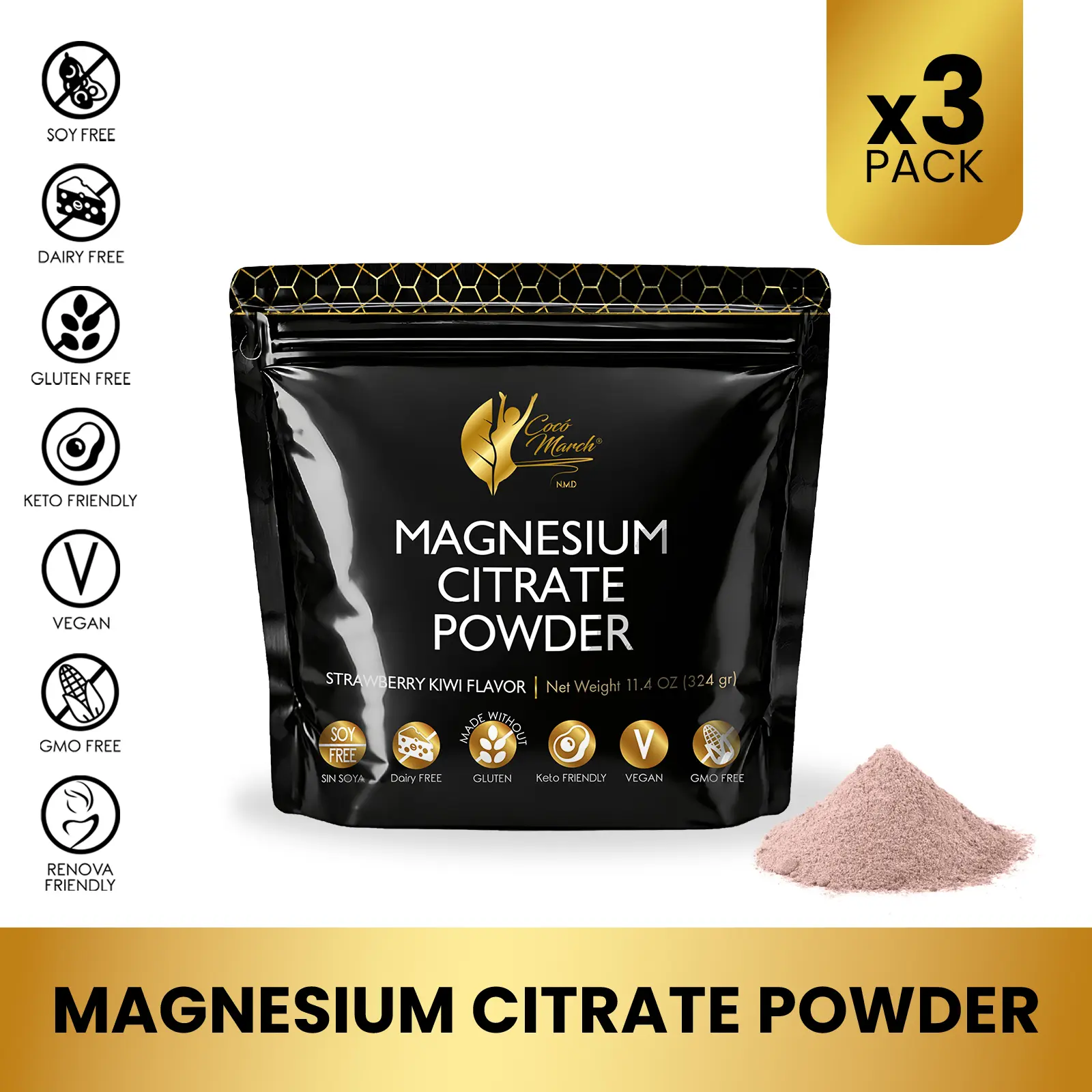 3 Pack of Cocó March N.M.D Magnesium Citrate Powder Mineral Dietary Supplement - 45 Servings per Bag
