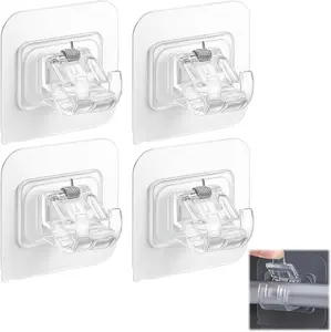 Curtain Rod Bracket No Drilling, Self Adhesive Nail Free Curtain Rod Wall Brackets Hooks, Adjustable Drapery Towel Holder Fixing Hook for Home Bathroom Kitchen and Hotel Use (4 Transparent)