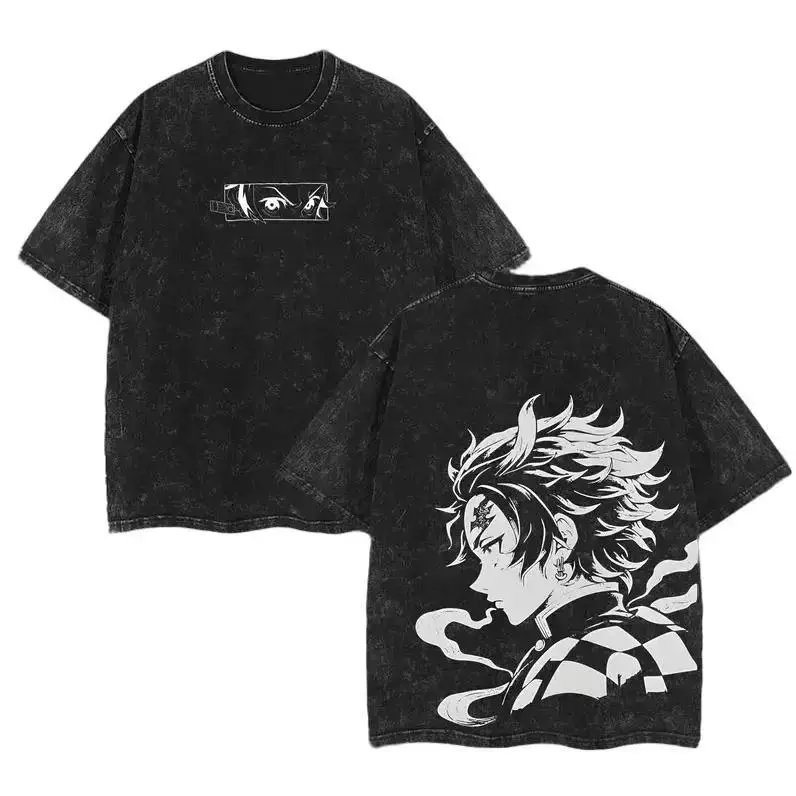 Men's Demon Slayer Oversized Vintage Washed Shortsleeve Round Neck T-Shirt - Relaxed Cut, Heavyweight Soft Cotton Oversized Tee, Tanjiro Anime Print, Classic Casual Menswear, 7-Day Return/Exchange Policy, Unbeatable Prices