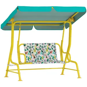 Qaba Kids Porch Swing, 2-Seater Patio Swing Bench Hammock with Safety Belts, Adjustable Canopy for Backyard, Garden (Green, Jungle Animal)