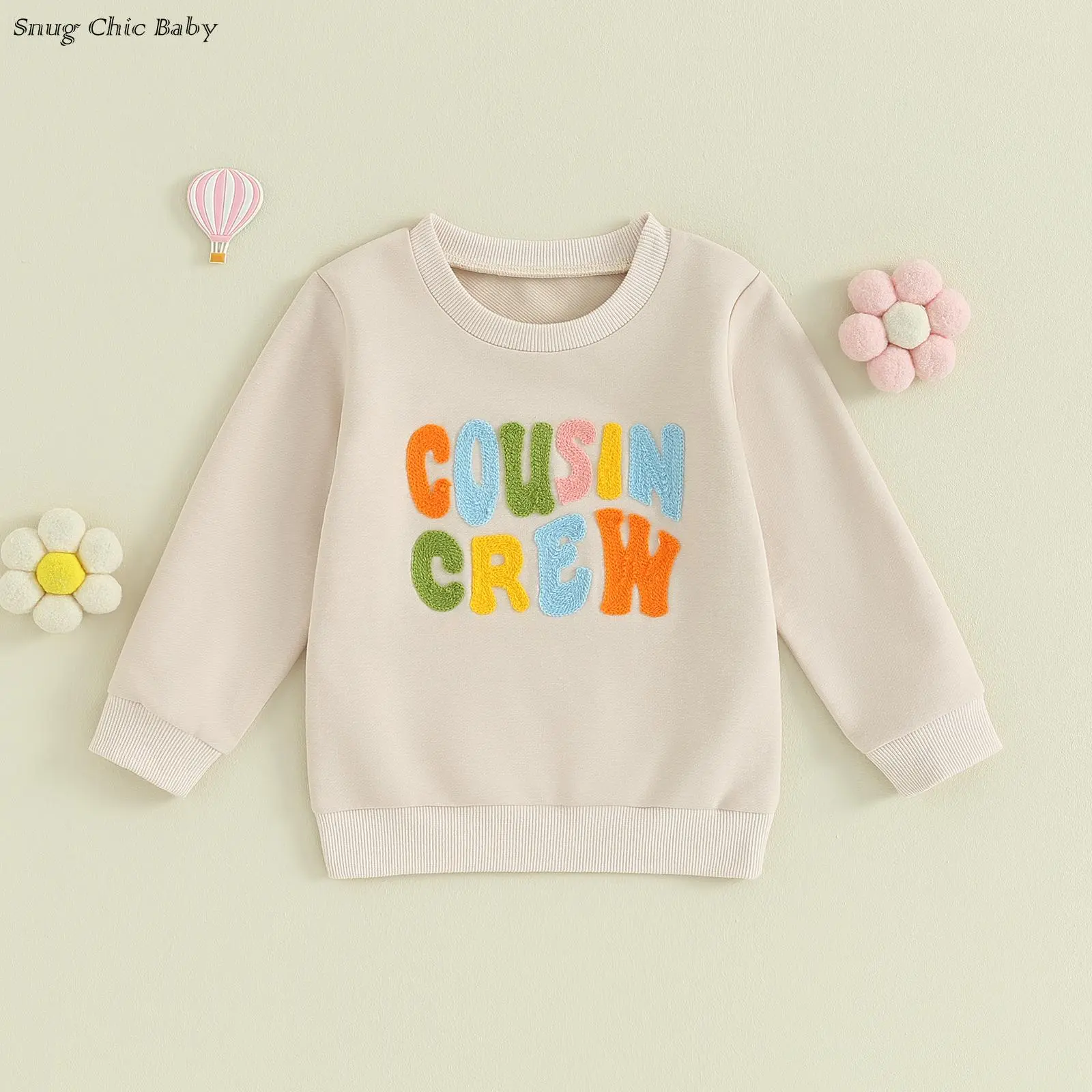 Cute and stylish crew neck sweatshirt for kids - colorful plush embroidered letter long-sleeved crew neck pullover, loose top, suitable for toddler boys and girls (1-6 years old).