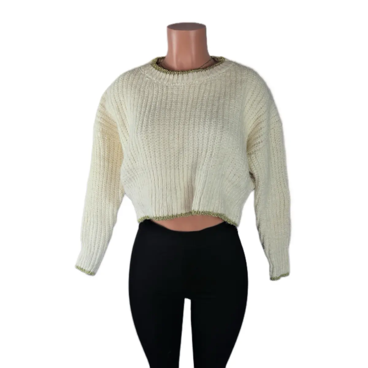 Gold Trim Cream Sweater Long Sleeve Crewneck Crop Crop Knitwear