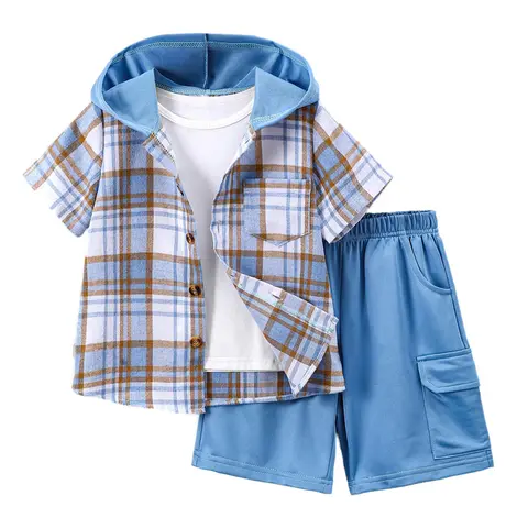 #SummerVibes 2-piece boys' summer clothes and shorts suit children's plaid button short sleeve hooded shirt jogging shorts summer clothes Breathable Set Summer Clothing Set Clothes Kids