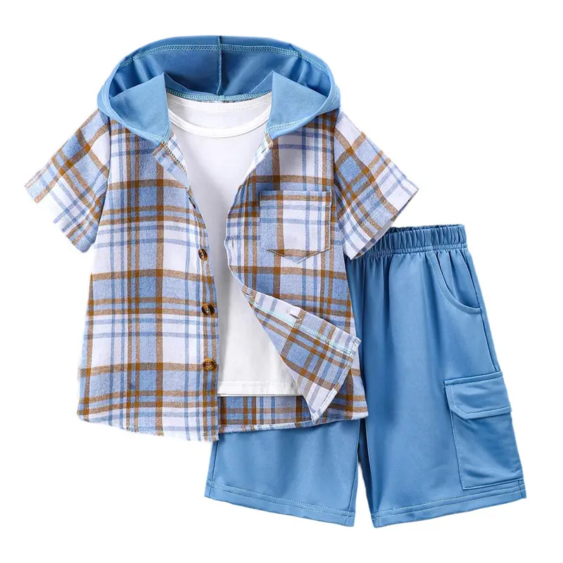 #SummerVibes 2-piece boys' summer clothes and shorts suit children's plaid button short sleeve hooded shirt jogging shorts summer clothes Breathable Set