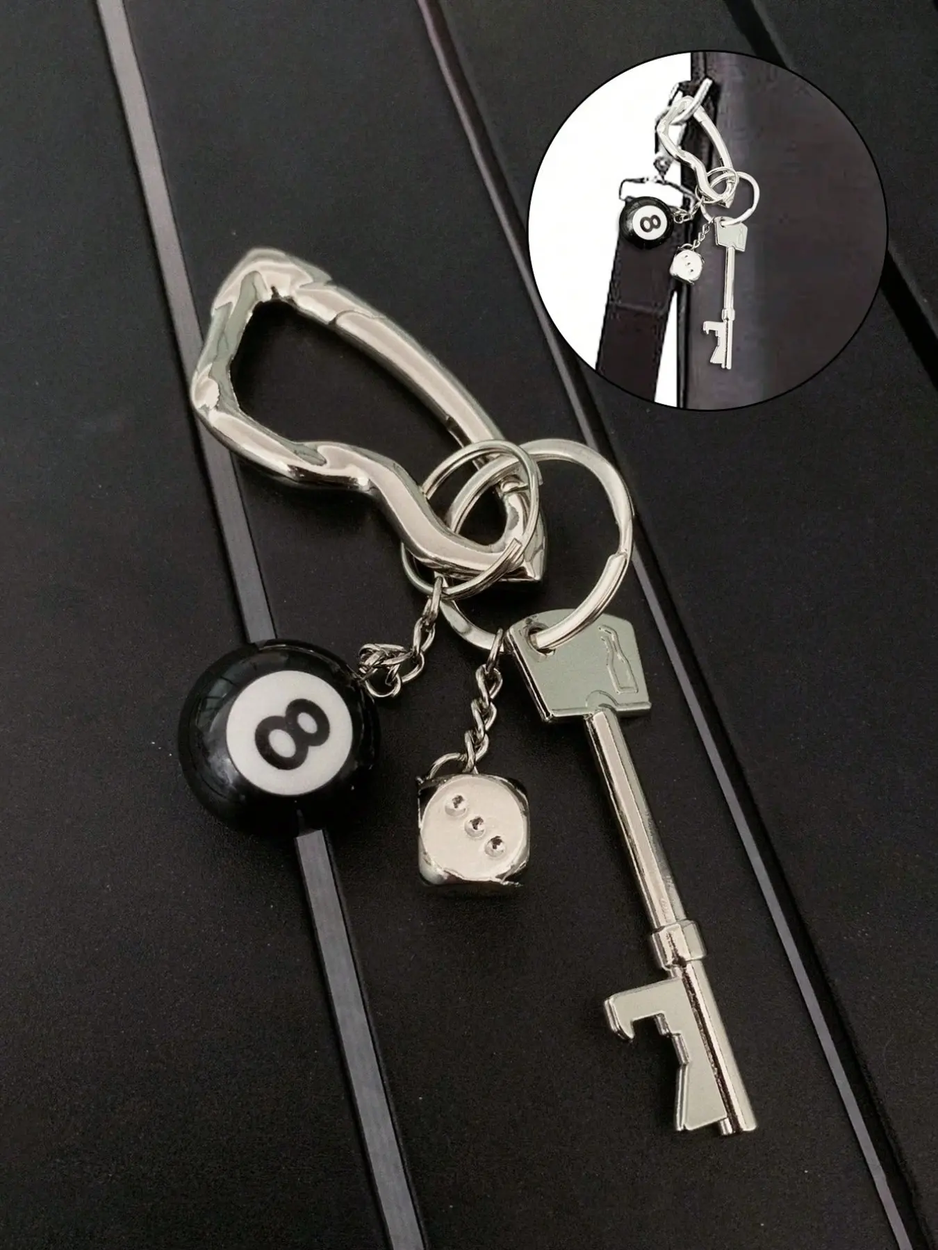 8-Ball Theme Bag Charm, Unisex Zinc Alloy Keychain Set, Stylish Pendant with Bottle Opener, Customizable Street Style Accessories