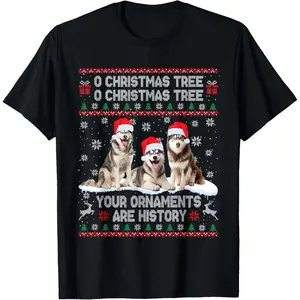 Siberian Husky Dog Ugly Sweater Christmas Light Xmas Pajama T-Shirt, 100% Cotton, Single Side Printed, Black Short Sleeve T-shirt, 1 pc, Christmas Halloween Thanksgiving Gift