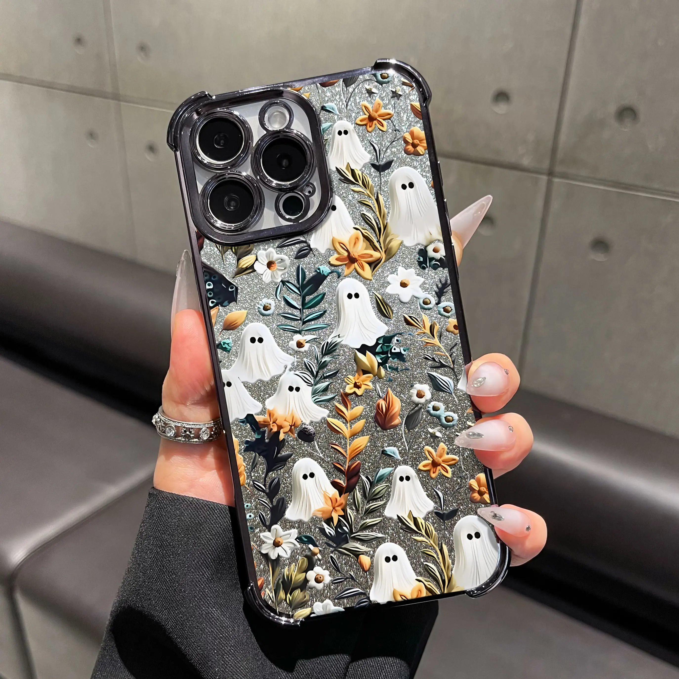 Halloween Cute Ghost Flower Four-corner Airbag TPU Phone Case for iPhone 17Pro Max Air 16 15Plus 14 13 12 11, Fashion, advanced, Shockproof, drop scratch-proof, protective and durable mobile phone case, silicone protective cover, Gifts for girls.HY24