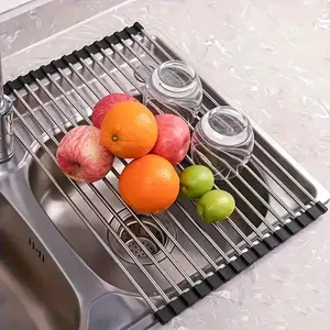 Foldable Stainless Steel Kitchen Sink Drain Rack, Dish Drying Holder, Water Filter Stand, Space-Saving Design, Easy Clean, Organiser, Kitchen Storage Rack, Fruits