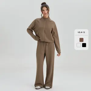 Women's Casual Solid Color Mock Neck Long Sleeve Sweatshirt, Mid-Rise Drawstring Vertical Seam Wide Leg Trousers, Stretch Fall Outfits, Versatile Tracksuit (CN)
