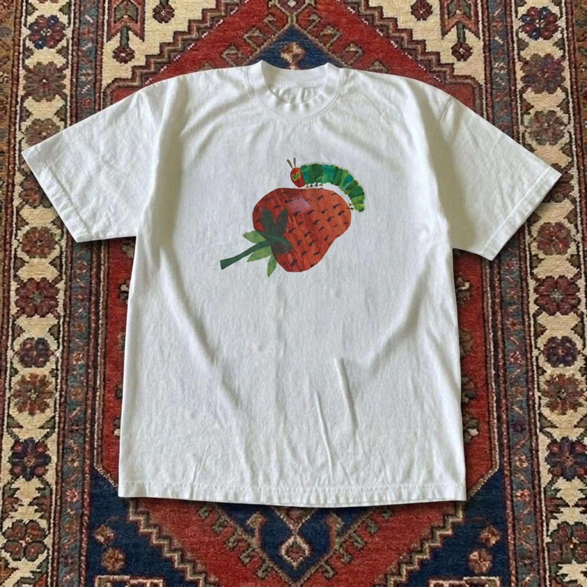 Gildan Men's and Women's T-shirt, Vintage The Very Hungry Caterpillar T-Shirt With Green Caterpillar On A Strawberry Graphic, Animal Tee, Y2k Unisex Graphic Tees Gothic Grunge Emo Scene Amity Affliction Style Clothes Menswear Womenswear Streetwear