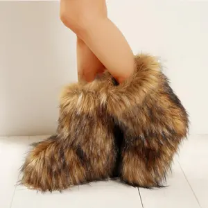 Women'S Winter Furry Snow Boots Fuzzy Fluffy Round Toe Suede Booties Flat Heel Slip On Outdoor Indoor Shoes