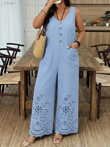 Plus Size Women's Casual Everyday Sleeveless Top with Pockets, Round Neck Design, Button, Plain Hollow Wide Leg Jumpsuit, Spring Summer Wear, Womenswear