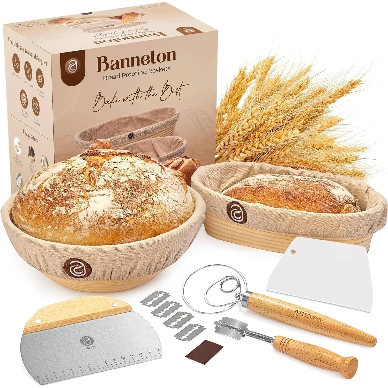 Sourdough Kit with Professional Bread Making Tools - Complete Sourdough Bread Making Kit with 10" Round & 11" Oval Handcrafted Bannetons, Bread Lame, Danish Whisk, Bowl & Dough Scrapers (14- Kit)