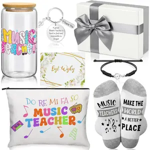 Remerry 7 Pcs Music Teacher Appreciation Gifts Include 16 oz Glass Cup Cosmetic Bag Socks Keychain Bracelet Card and Gift Box Ideas Thank You Basket for Music Teacher from Students