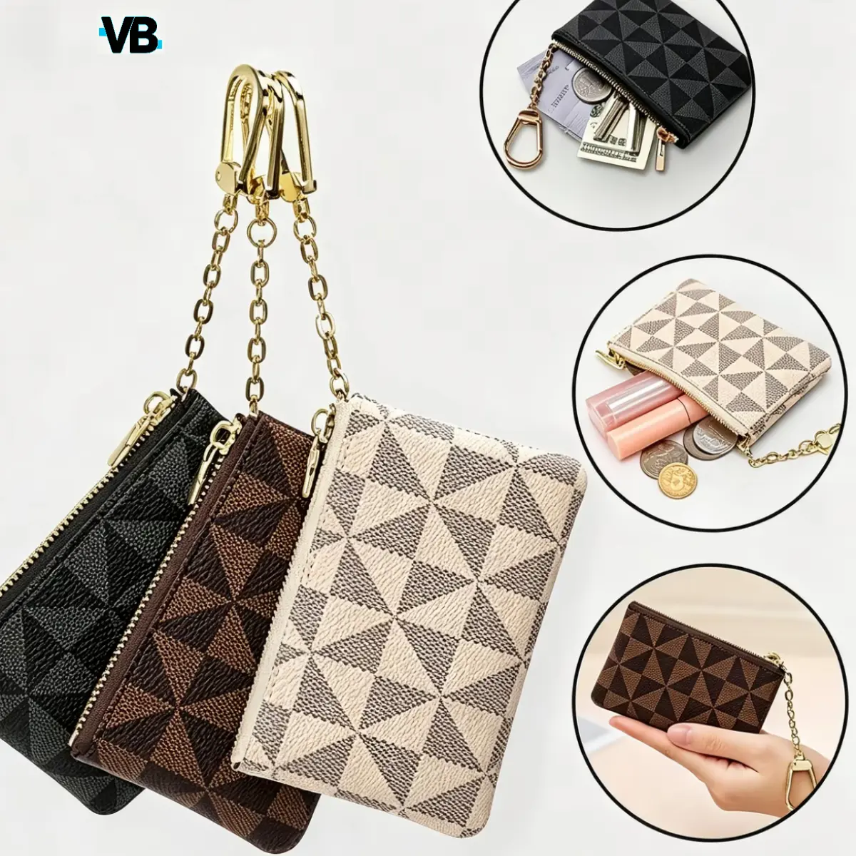 Women's Basic Checkerboard-Pattern Keychain Wristlet Wallet - Lightweight Waterproof Mini Pouch with Zipper, Gold Accents, Wrist Strap, Card Holder, Coin Holder/Purse, Casual Women's Gift