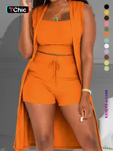 Three-Piece Set Women's Solid Ribbed Co-ord Set, Casual Crop Tank Top & Drawstring Waist Shorts & Vest Coat Set for Daily Wear, Summer Clothes, Women's Clothing