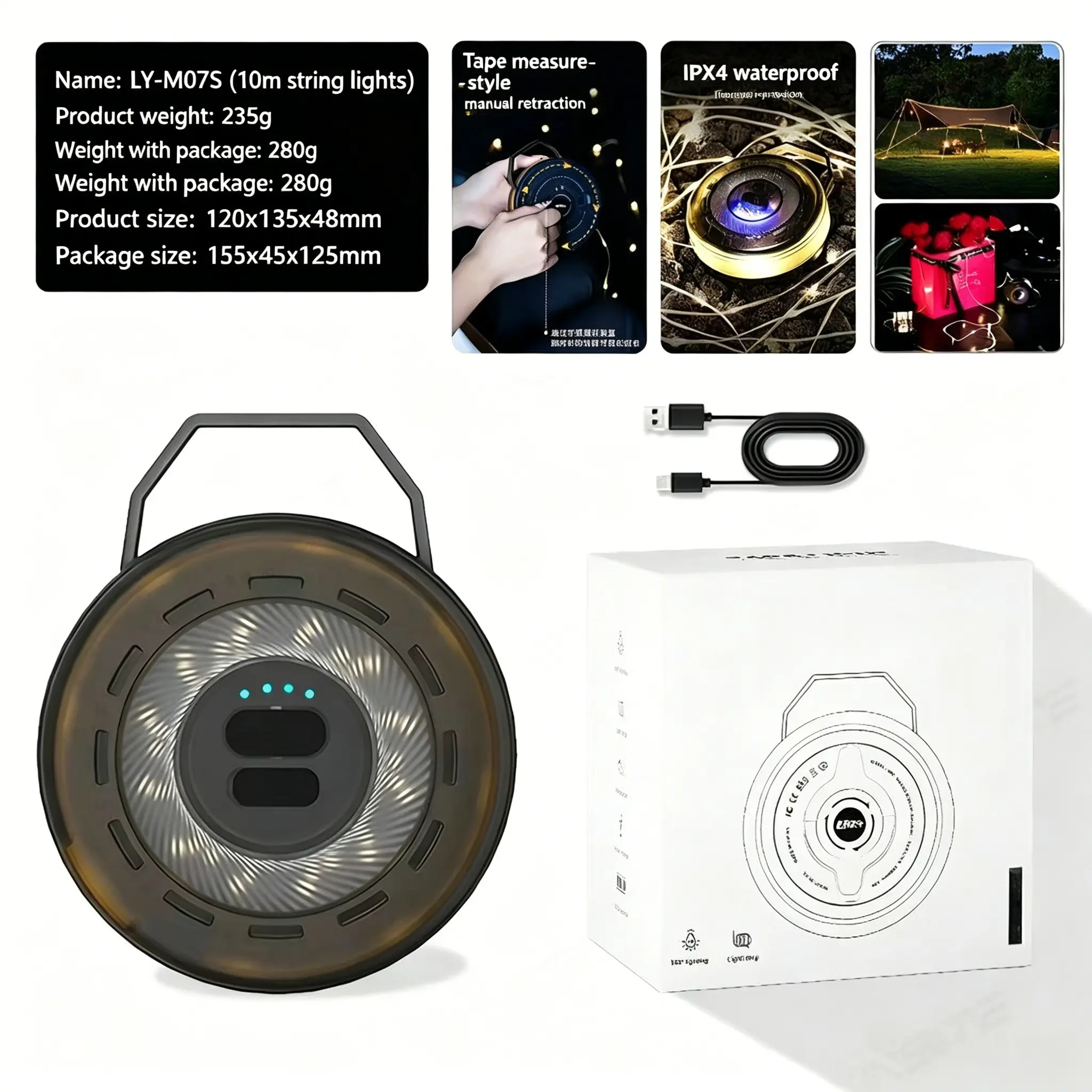 Multi-Color Retractable LED Reel Light, Waterproof Portable Hanging Work Light for Camping, Car Repair, with Laser Flashlight living room cordless hood light bright super powerful handheld outdoor garden camp indoor survival kit decorative