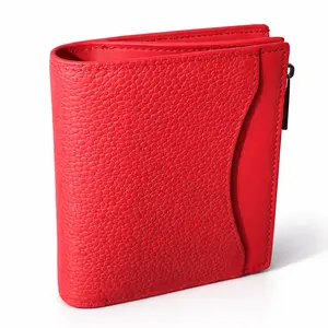 CEKI Women's Handmade Genuine Top-Grain Cowhide Leather Slim Bi-Fold Wallet - Red, with Zipper Coin Purse, Plain, Premium Gift for Women