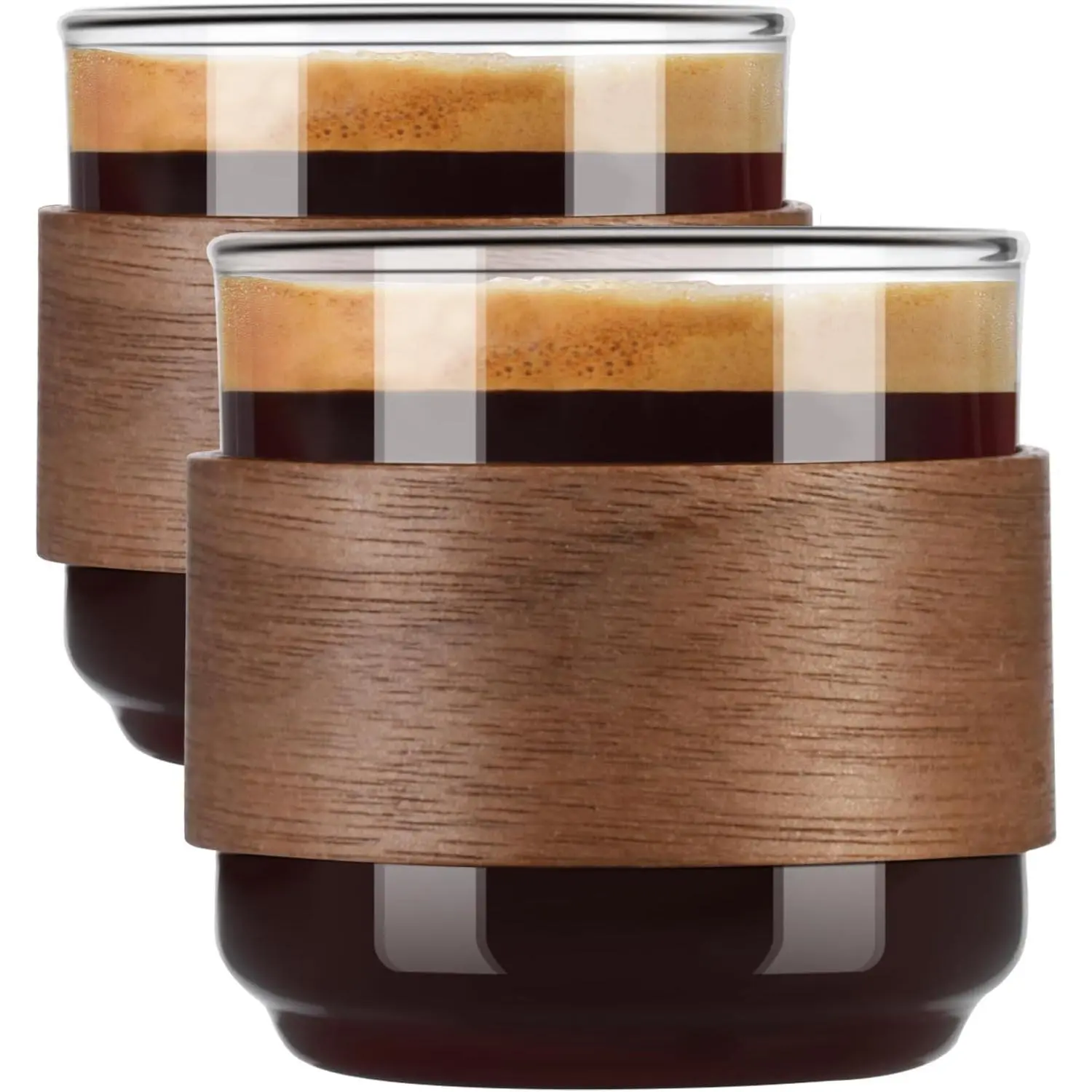 Espresso Cups Set of 2 with Wooden Ring, 5 OZ High Borosilicate Espresso Shot Glass, Clear Small Expresso Shots Cup, Espresso Accessories