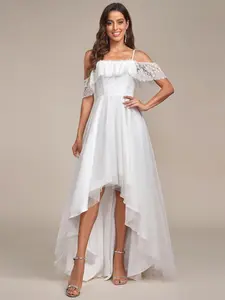 Ever-Pretty  Cold Shoulder Lace High-Low Wedding Dress - Short Sleeve Spaghetti Strap Fit with Concealed Zipper & Padded Bra Option 90340
