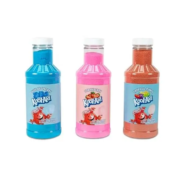 Nostalgia Kool-Aid Cotton Candy Variety Kit – 3 Flossing Sugar Flavors (Blue Raspberry, Strawberry, Tropical Punch) – 7-oz Bottles – Compatible with Cotton Candy Makers – Party Supplies