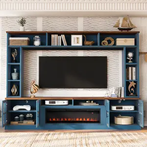 95.5" W Wall Unit Entertainment Center with Bookshelves for TVs up to 80", Modern TV Stand Media Console with electric fireplace  Cabinets,  and Adjustable Shelves for Living Room   WL