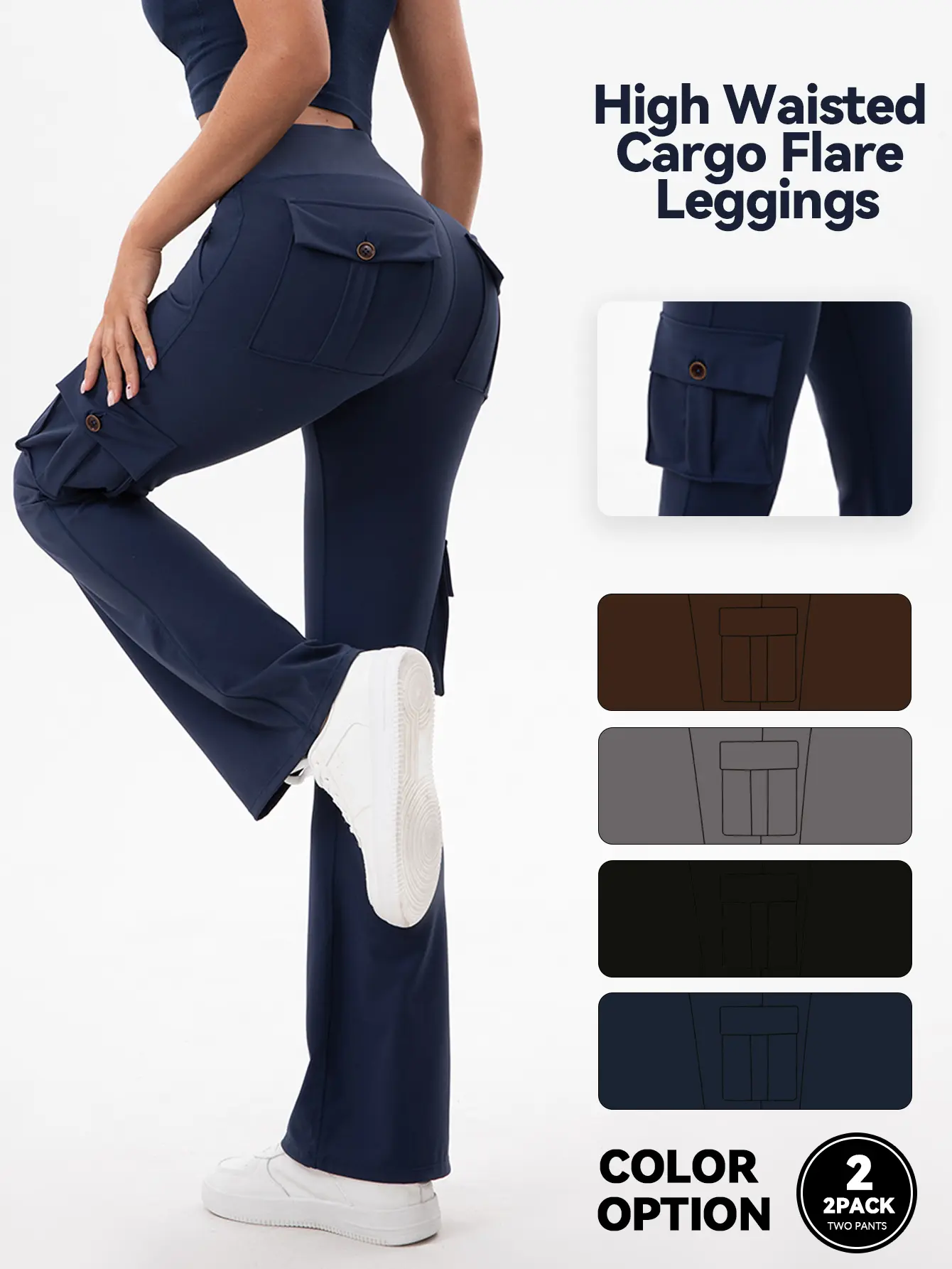 Women's Comfy Athleisure Pants, 2-Pack High Waisted Cargo Flare Leggings with 4 Pockets & Tummy Control, Fitness Casual Streetwear, Fitness Casual Pants, Gym Streetwear Bottoms, High Waisted Sportswear, Women's Clothes, Female, Sporty Chic, Breathable Fab