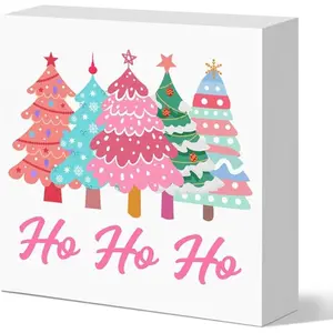 Pink Christmas Tree Wooden Box Sign Preppy Christmas Decorations for Bedroom Dorm Bathroom Desk Table Top Shelf, 5x5 Inches