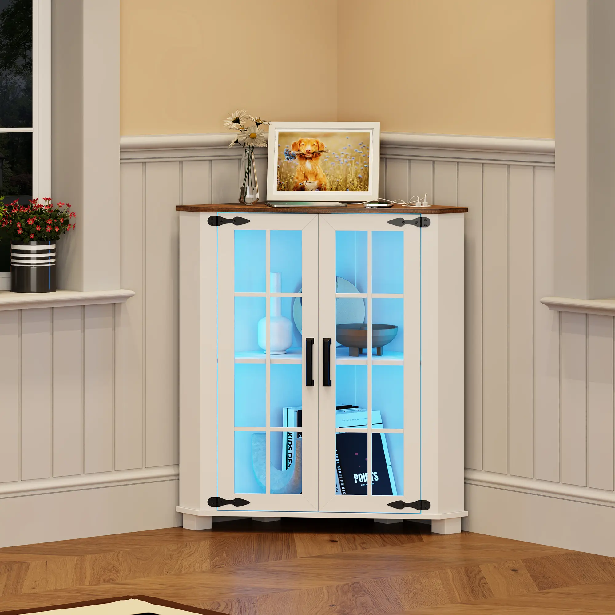 Small Corner Cabinet with LED Light, Farmhouse Bathroom Cabinet with 2 Doors, Free Standing Home Floor Corner Storage Cabinet for Laundry Room, Living Room or Kitchen, Antique White  Modern Aesthetics Elegant Design Ambiance Convenience