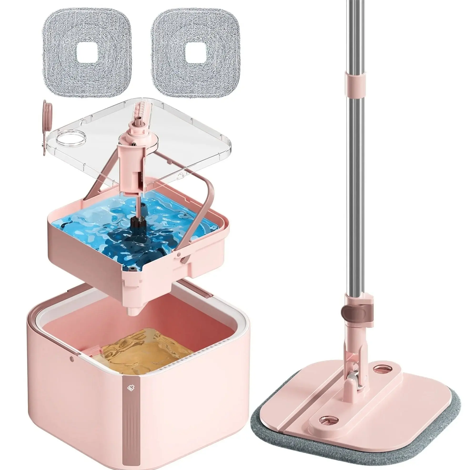 Saker Square Spin Mop Upgraded Version Pink with Replaceable Microfiber Mop Pad Cleaning Set Includes 2 Replacement Cloths for Efficient Versatile Cleaning