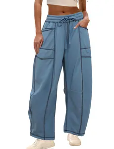 Hixiaohe Barrel Sweatpants Women High Waisted Wide Leg Lounge Pants Summer Drawstring Waist Contrast Patchwork Pants w/Pockets