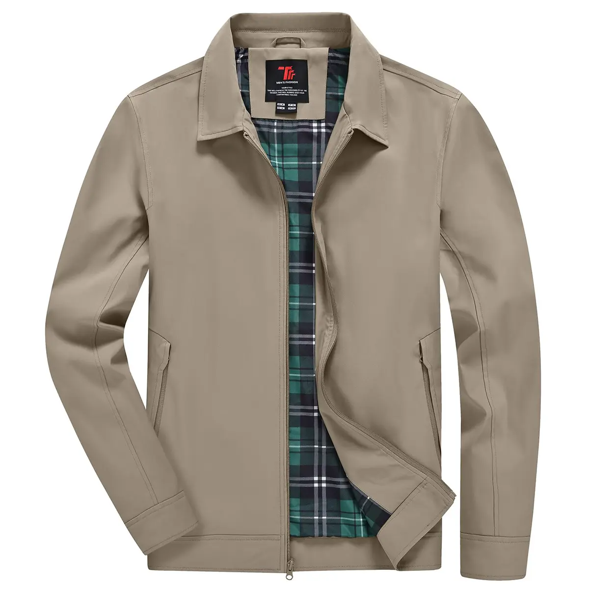 TBMPOY Men's Plaid Collared Long Sleeve Lightweight Bomber Coat, Menswear Windbreaker with Zipper Pockets for Work, Golf, Coats