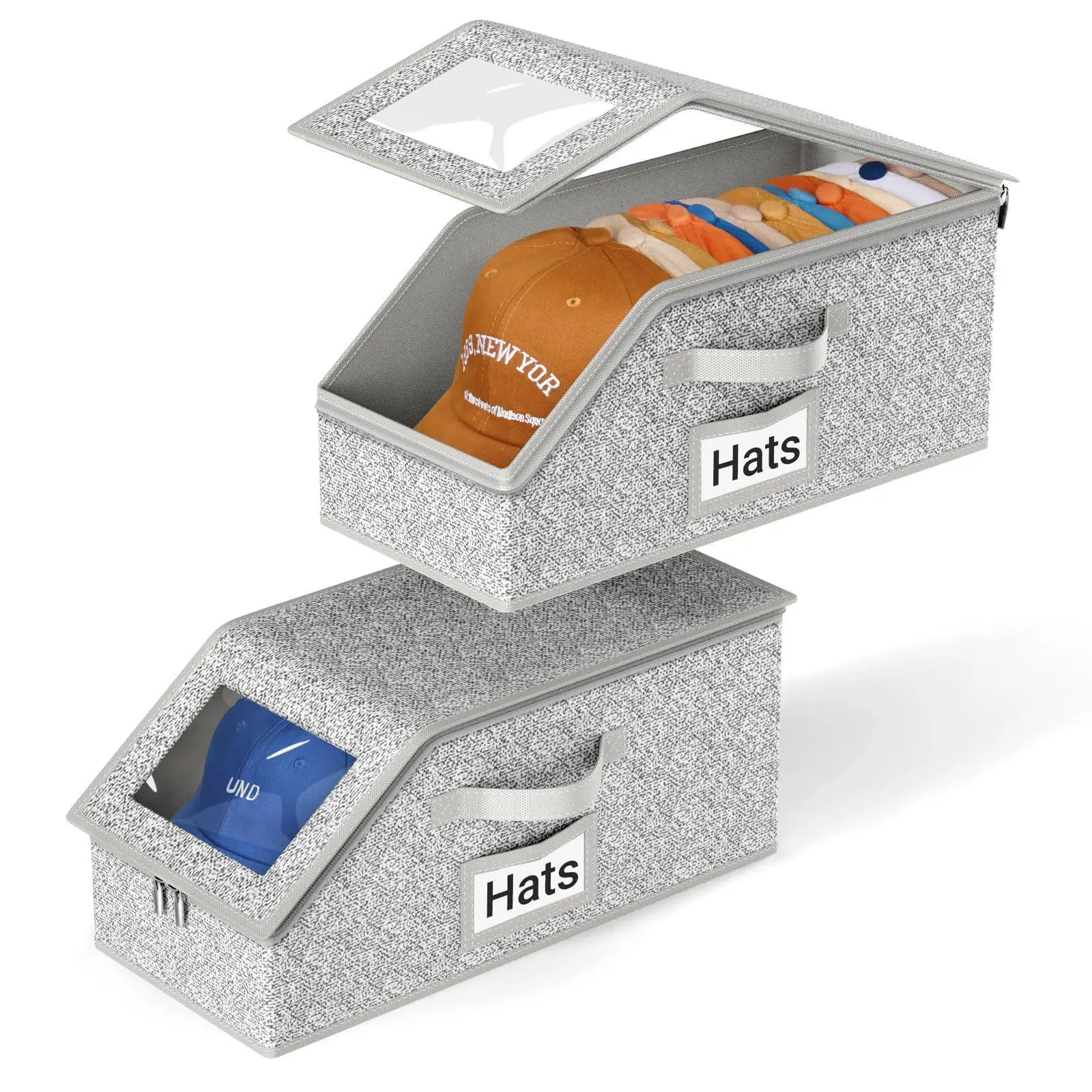 Stackable Baseball Cap Organizer for 12 Hats, Heavy-Duty Durable Home Storage Plastic/Metal Frame with Cardboard Base, Clear PVC Window & Two-Way Zipper, Space-Saving Gray Closet Storage Box (Hats Not Included)