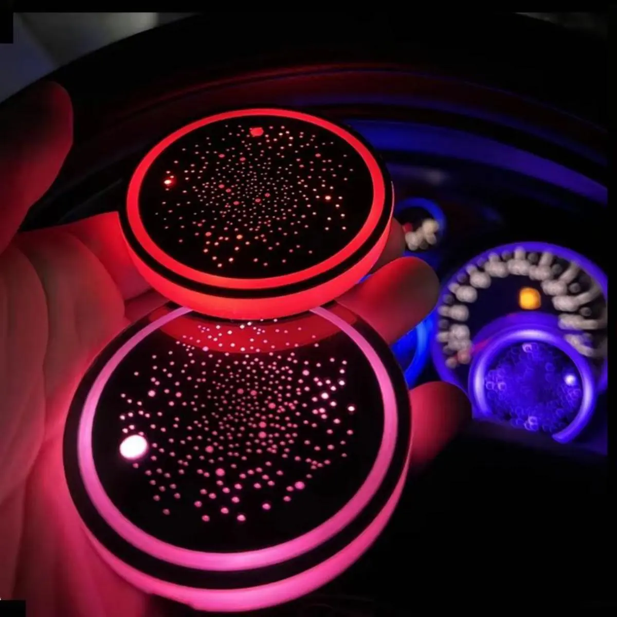Light-Up Car Coasters, Built-in Light & Vibration Sensors Color Changing LEDs High-Quality Acrylic USB Charging Waterproof Cup Pads, Automotive Interior Accessories Gifts for Men