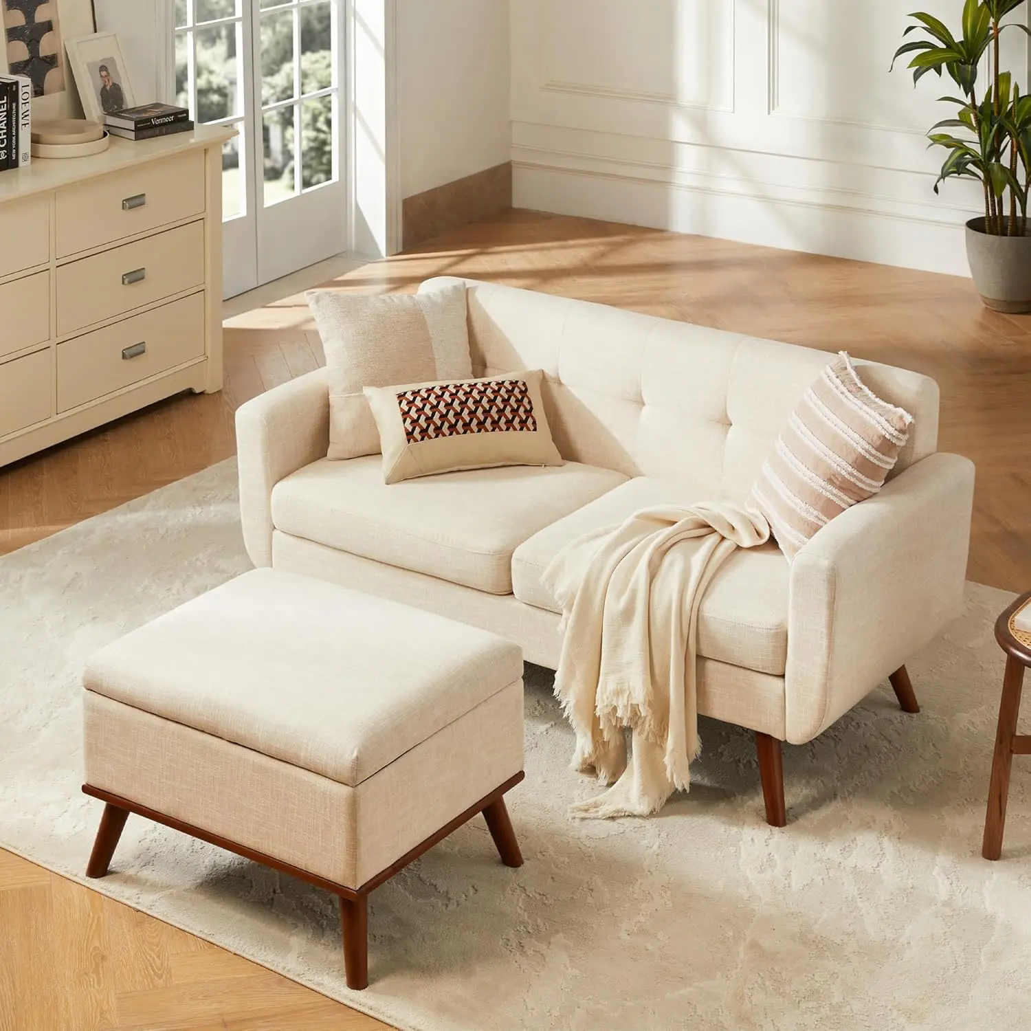 Tbfit Mid Century Modern 2-Piece Compact Durable Easy Sofa Set – Beige Linen Loveseat with Ottoman, Tufted Design, Solid Wood Legs, Comfy & Space-Saving, 2-Piece Sofa Sets, Compact Sofa Sets
