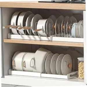 Expandable Pot and Pan Organizer Rack for Cabinet with 7 Stainless Steel Dividers Durable Rust Resistant Storage for Cookware Bakeware Small Kitchen Apartment RV Organization Adjustable 30 5 56 cm Shelves