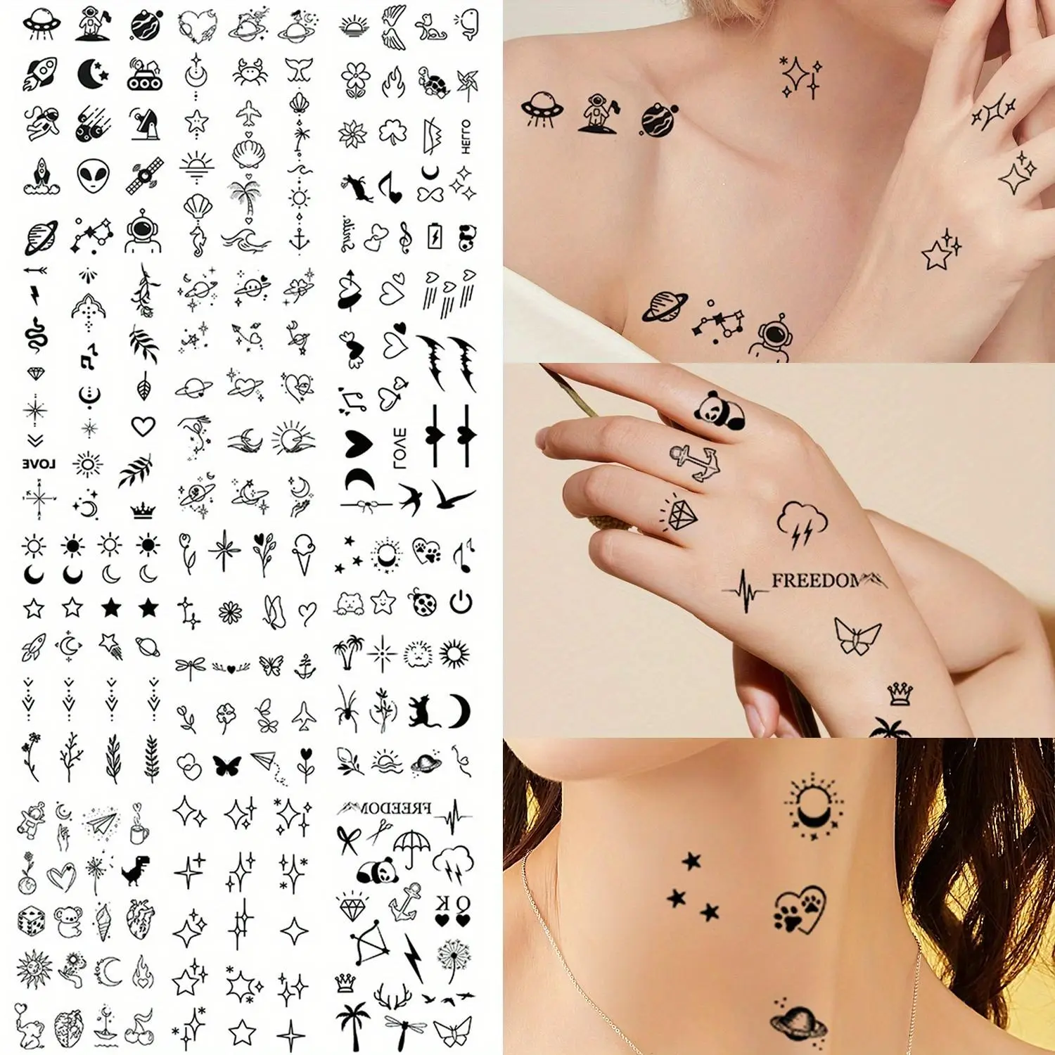 100+ Styles Temporary Tattoo Stickers, Love Heart, Ekg, Cosmic Butterfly, Flower, Feather, Star Designs, Sticker Tattoos, Waterproof Paper Stickers, Minimalist Tattoo, Temporary Fake Tattoo, Body Fake Tattoos, Ephemeral Tattoos