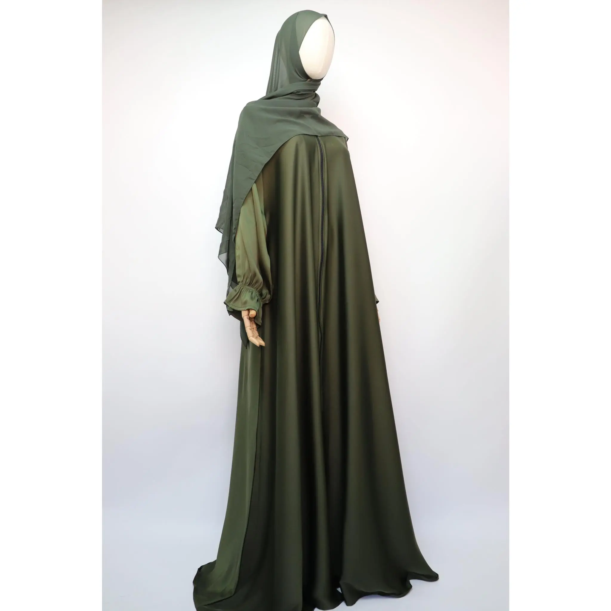 Full Zip Semi Flare Crinkle Abaya - Olive