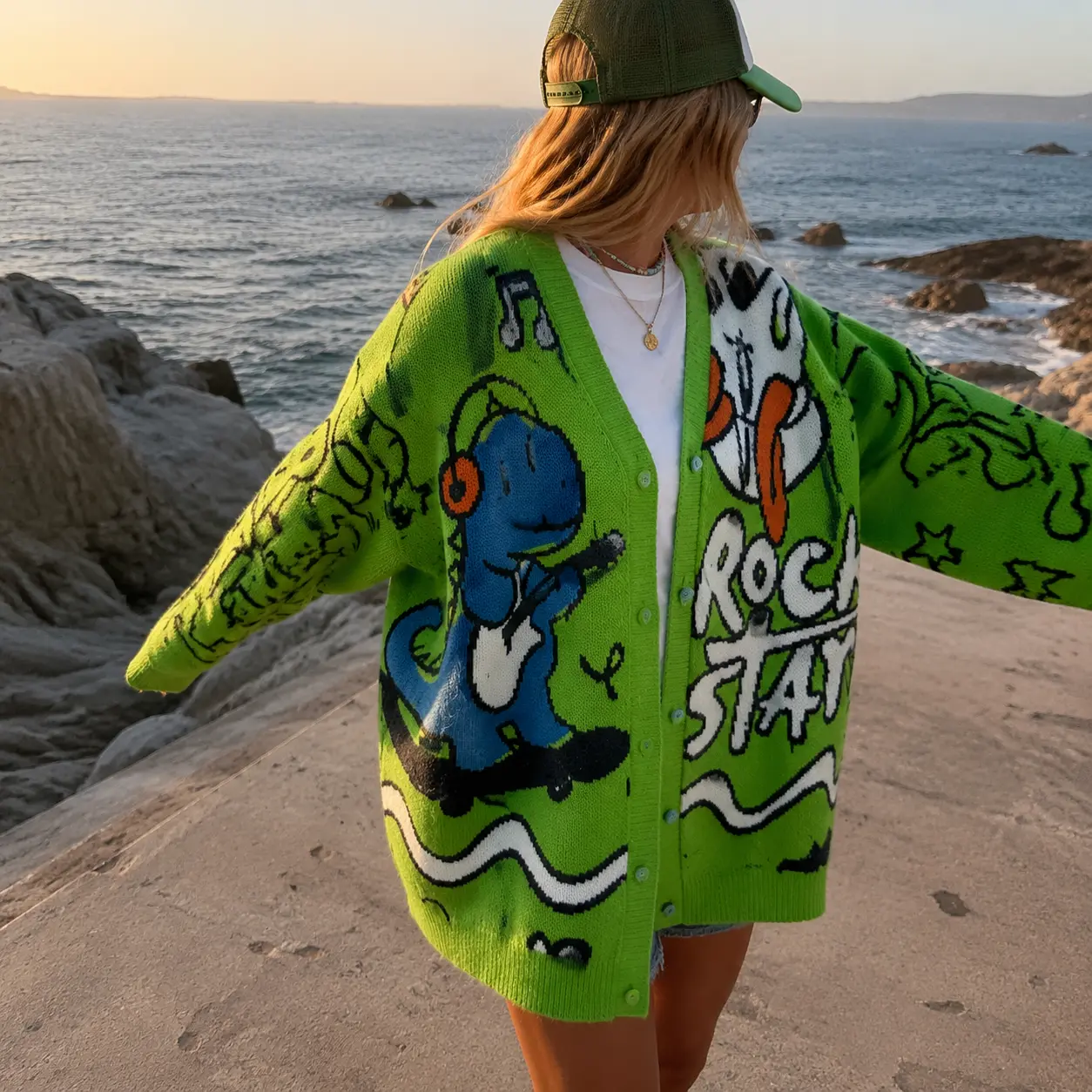 Women's Graphic Cardigan Sweater, Oversized Jacquard Knit, V-Neck Long Sleeve Button-Up, Loose Fit Streetwear Style, Party, Thanksgiving, Cardigan For Women, Soft Polyester, Valentines Day, Rock Star Print, Casual Cute, Cartoon Graphics, Everyday, Baggy