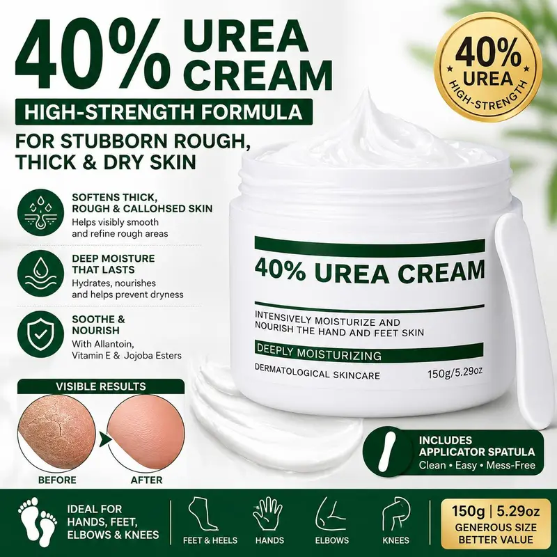SweetSuds 40% Urea Cream 150g/5.29oz with Spatula - Maximum Strength Hand & Foot Lotion, Intensive Moisturizer for Dry Cracked Heels, Callus Remover for Elbows & Knees