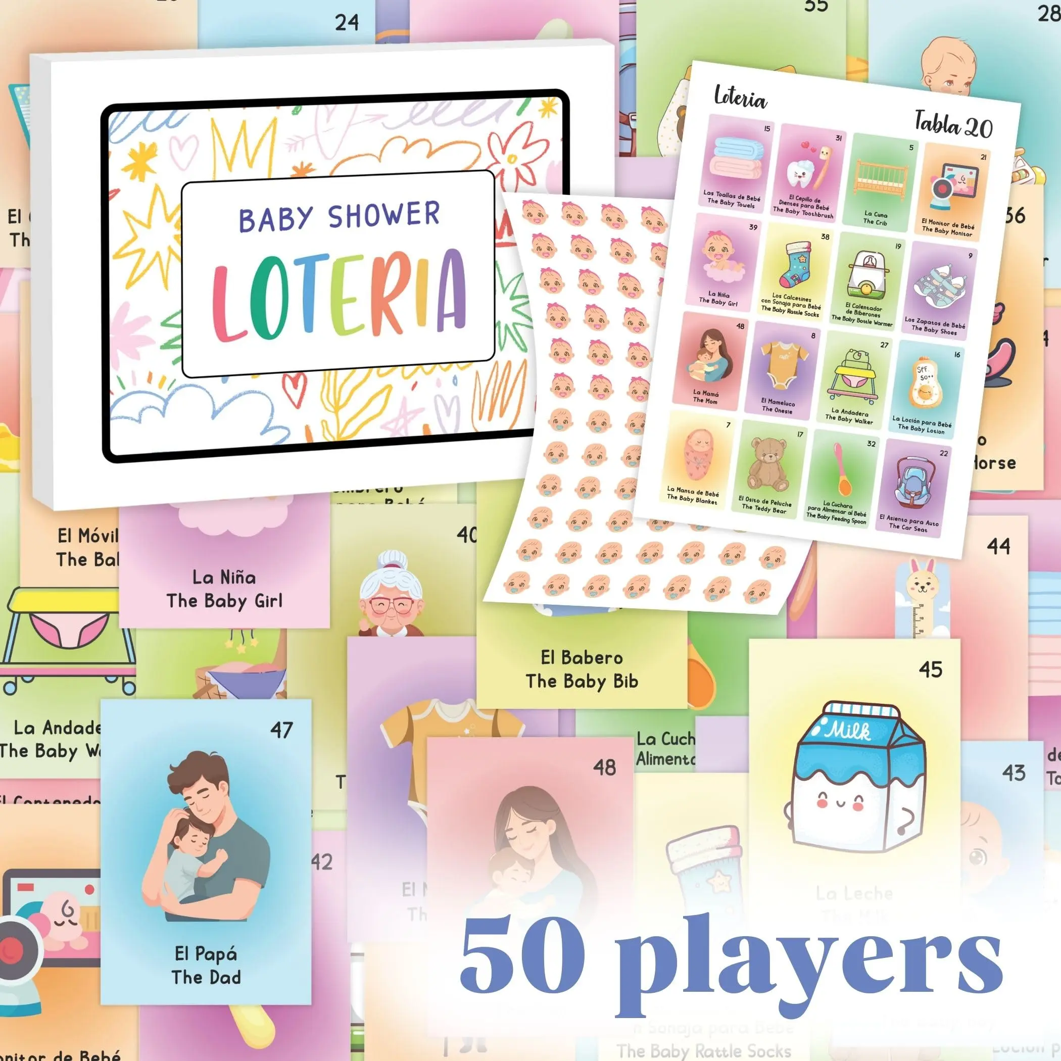 Loteria Bilingual Game, Loteria for Shower Games, Funny Bingo Game for 50 Players, Gift for Friends